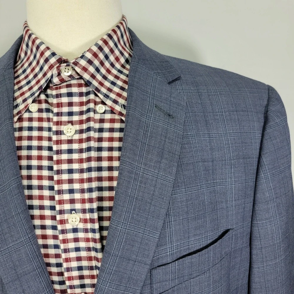 Egara Men's Sport Coat Blazer Two Button Navy Blue Plaid Wool Polyester Slim 50L